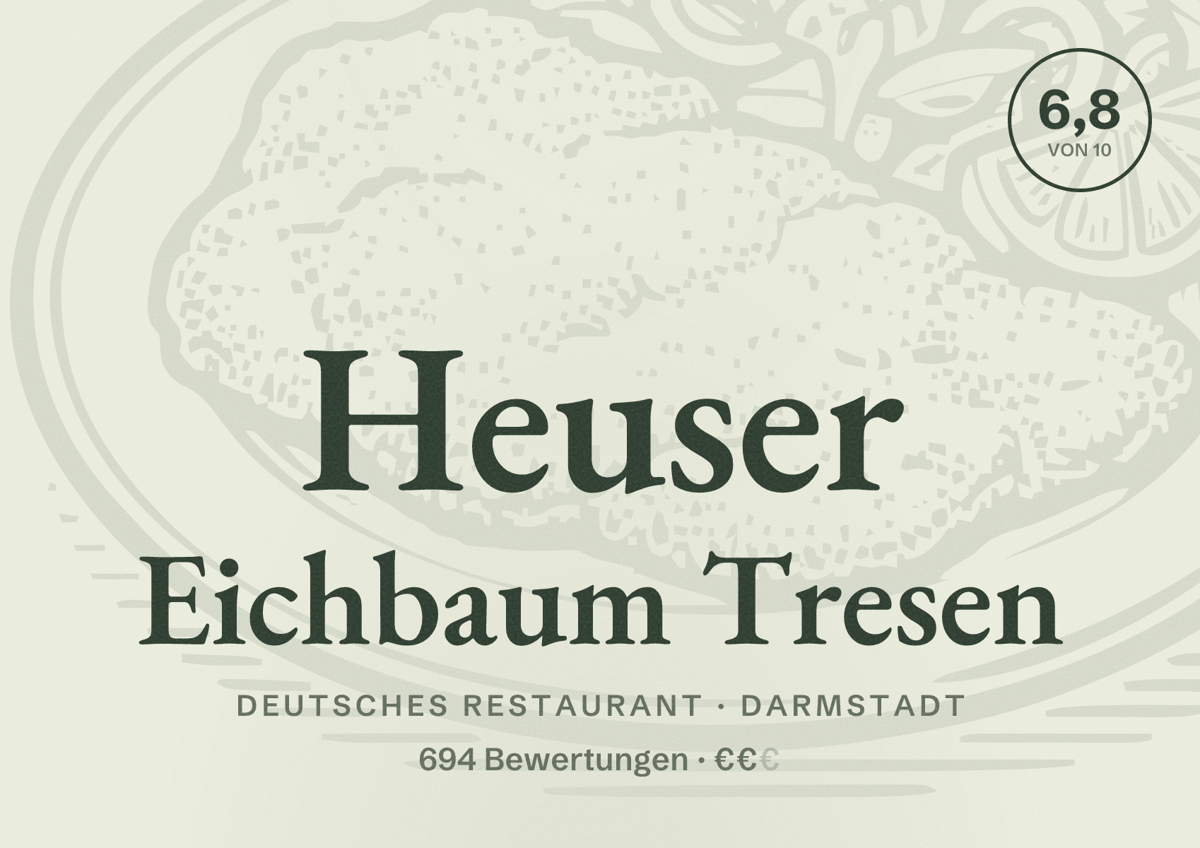 Illustriertes Poster von Heuser Eichbaum Tresen, Deutsches Restaurant in Darmstadt: Bewertung 6,8 von 10 aus 694 Bewertungen, Preisniveau €€