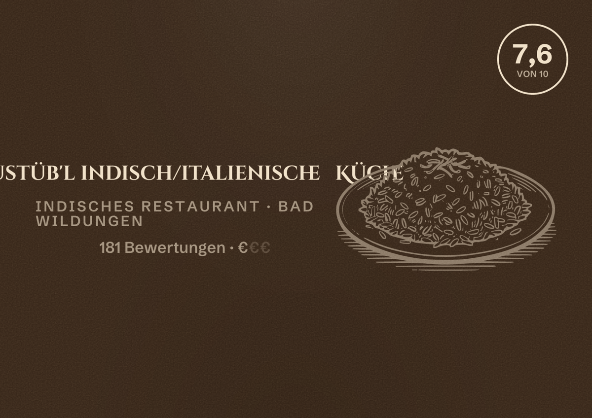 Illustriertes Poster von Heustüb'l indisch/italienische Küche, Indisches Restaurant in Bad Wildungen: Bewertung 7,6 von 10 aus 181 Bewertungen, Preisniveau €
