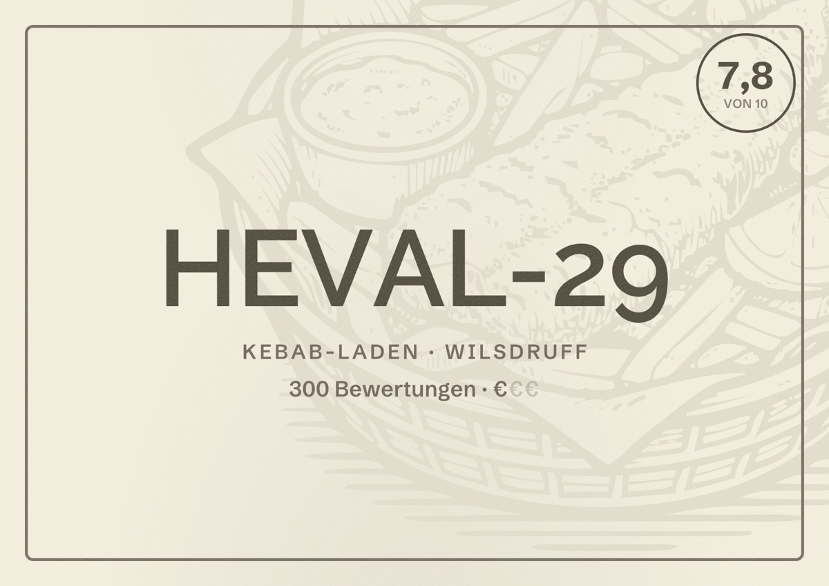 Illustriertes Poster von HEVAL-29, Kebab-Laden in Wilsdruff: Bewertung 7,8 von 10 aus 300 Bewertungen, Preisniveau €