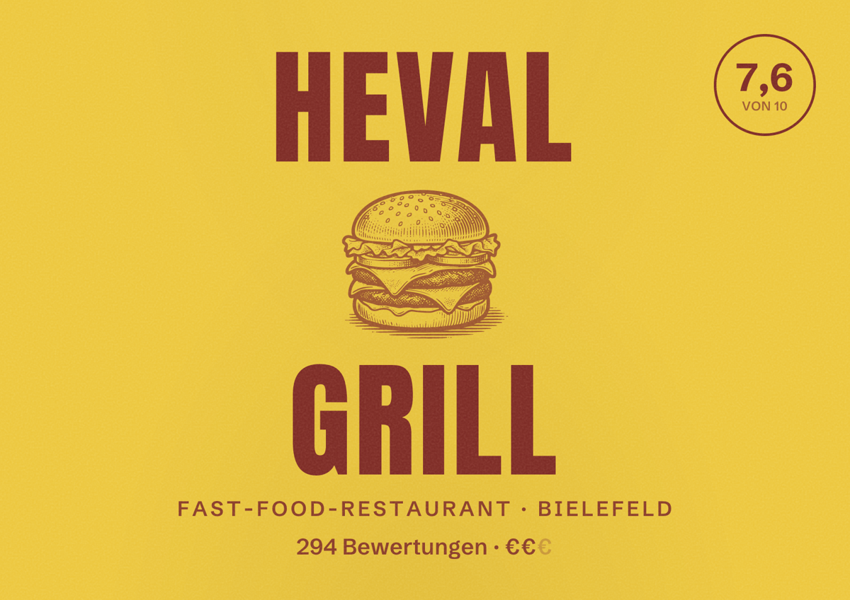 Illustriertes Poster von Heval Grill, Fast-Food-Restaurant in Bielefeld: Bewertung 7,6 von 10 aus 294 Bewertungen, Preisniveau €€