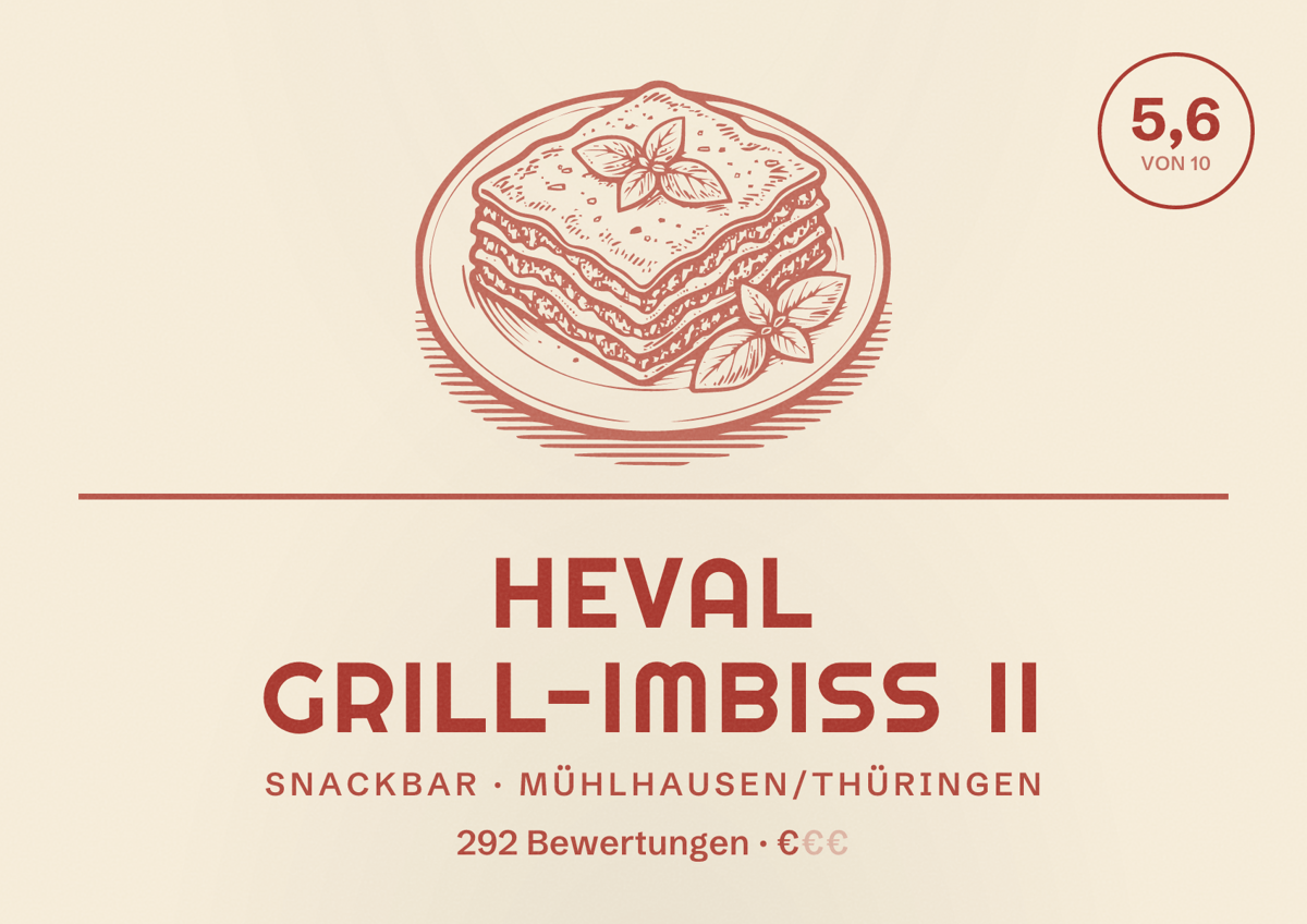 Illustriertes Poster von Heval Grill-Imbiss II, Snackbar in Mühlhausen/Thüringen: Bewertung 5,6 von 10 aus 292 Bewertungen, Preisniveau €