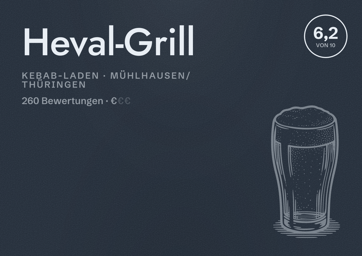 Illustriertes Poster von Heval-Grill, Kebab-Laden in Mühlhausen/Thüringen: Bewertung 6,2 von 10 aus 260 Bewertungen, Preisniveau €