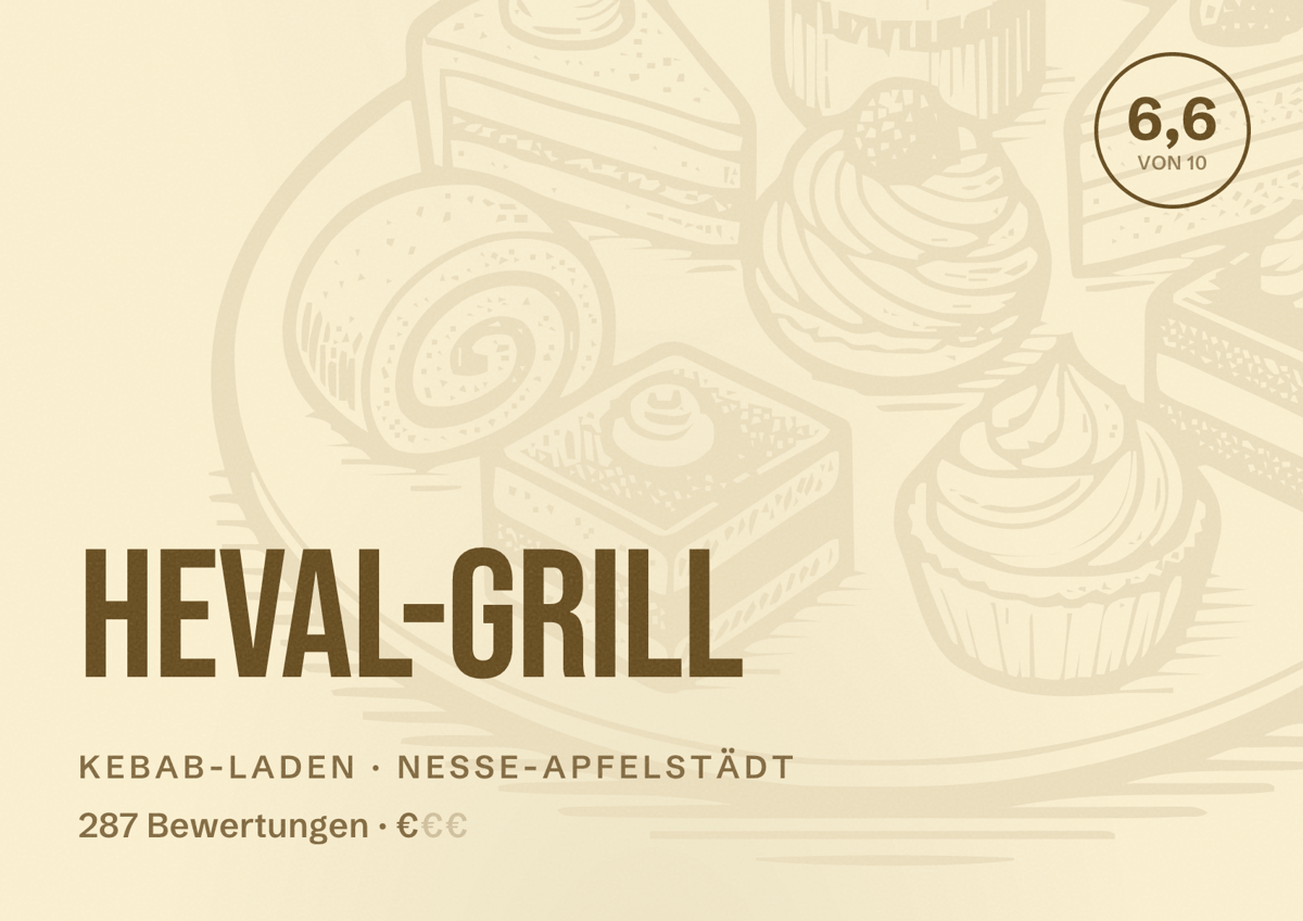 Illustriertes Poster von Heval-Grill, Kebab-Laden in Nesse-Apfelstädt: Bewertung 6,6 von 10 aus 287 Bewertungen, Preisniveau €