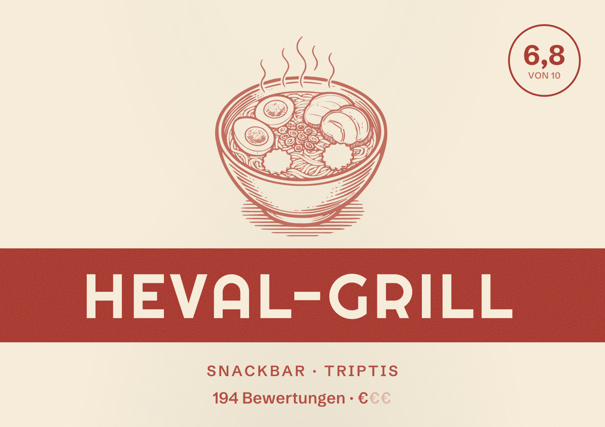 Illustriertes Poster von Heval-Grill, Snackbar in Triptis: Bewertung 6,8 von 10 aus 194 Bewertungen, Preisniveau €