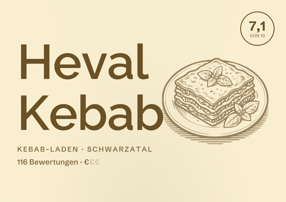 Illustriertes Poster von Heval Kebab, Kebab-Laden in Schwarzatal: Bewertung 7,1 von 10 aus 116 Bewertungen, Preisniveau €