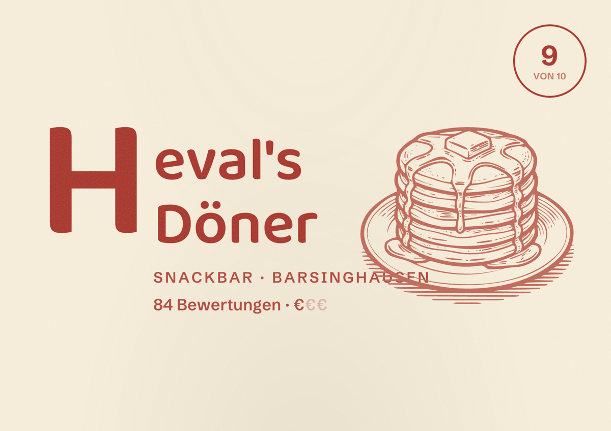 Illustriertes Poster von Heval's Döner, Snackbar in Barsinghausen: Bewertung 9 von 10 aus 84 Bewertungen, Preisniveau €