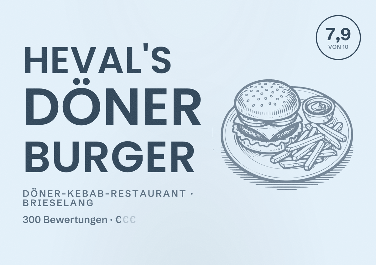 Illustriertes Poster von Heval's Döner Burger, Döner-Kebab-Restaurant in Brieselang: Bewertung 7,9 von 10 aus 300 Bewertungen, Preisniveau €