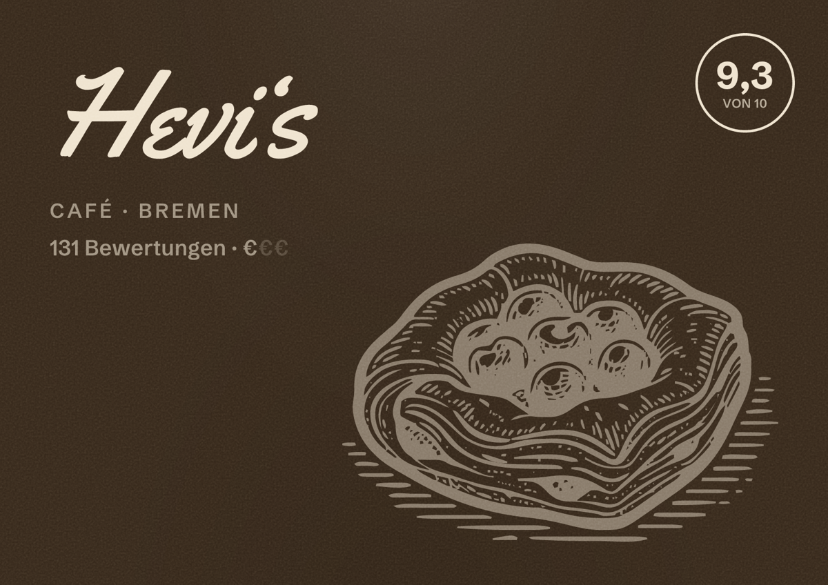 Illustriertes Poster von Hevi‘s, Café in Bremen: Bewertung 9,3 von 10 aus 131 Bewertungen, Preisniveau €