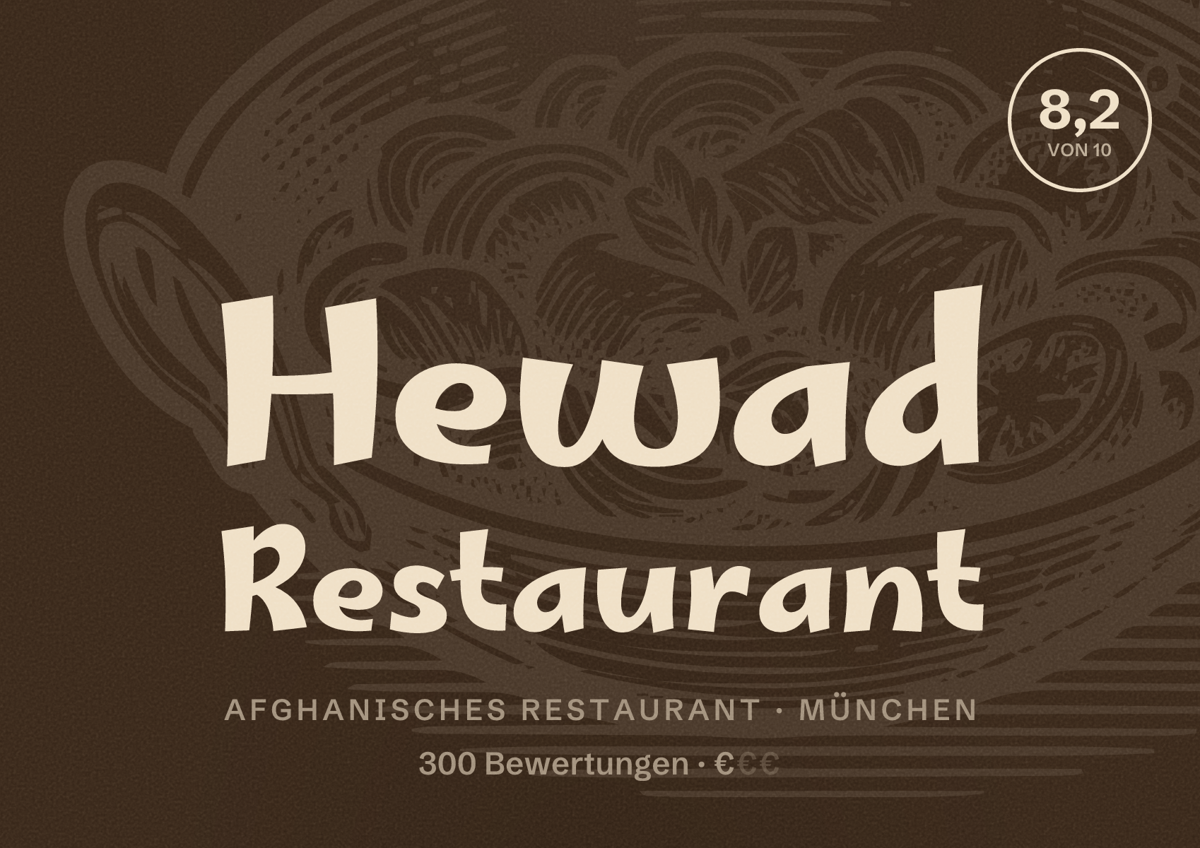 Illustriertes Poster von Hewad Restaurant, Afghanisches Restaurant in München: Bewertung 8,2 von 10 aus 300 Bewertungen, Preisniveau €