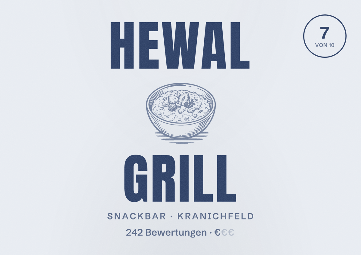Illustriertes Poster von Hewal Grill, Snackbar in Kranichfeld: Bewertung 7 von 10 aus 242 Bewertungen, Preisniveau €
