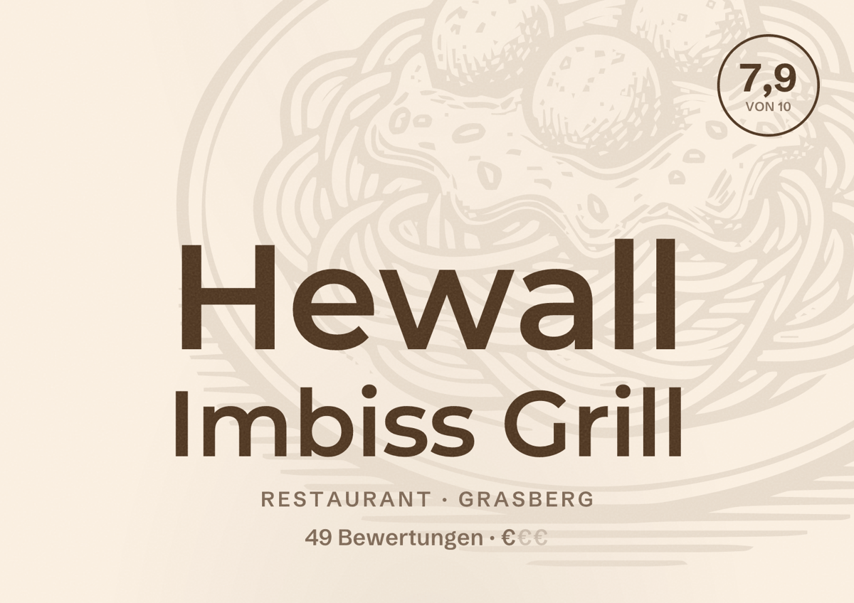 Illustriertes Poster von Hewall Imbiss Grill, Restaurant in Grasberg: Bewertung 7,9 von 10 aus 49 Bewertungen, Preisniveau €