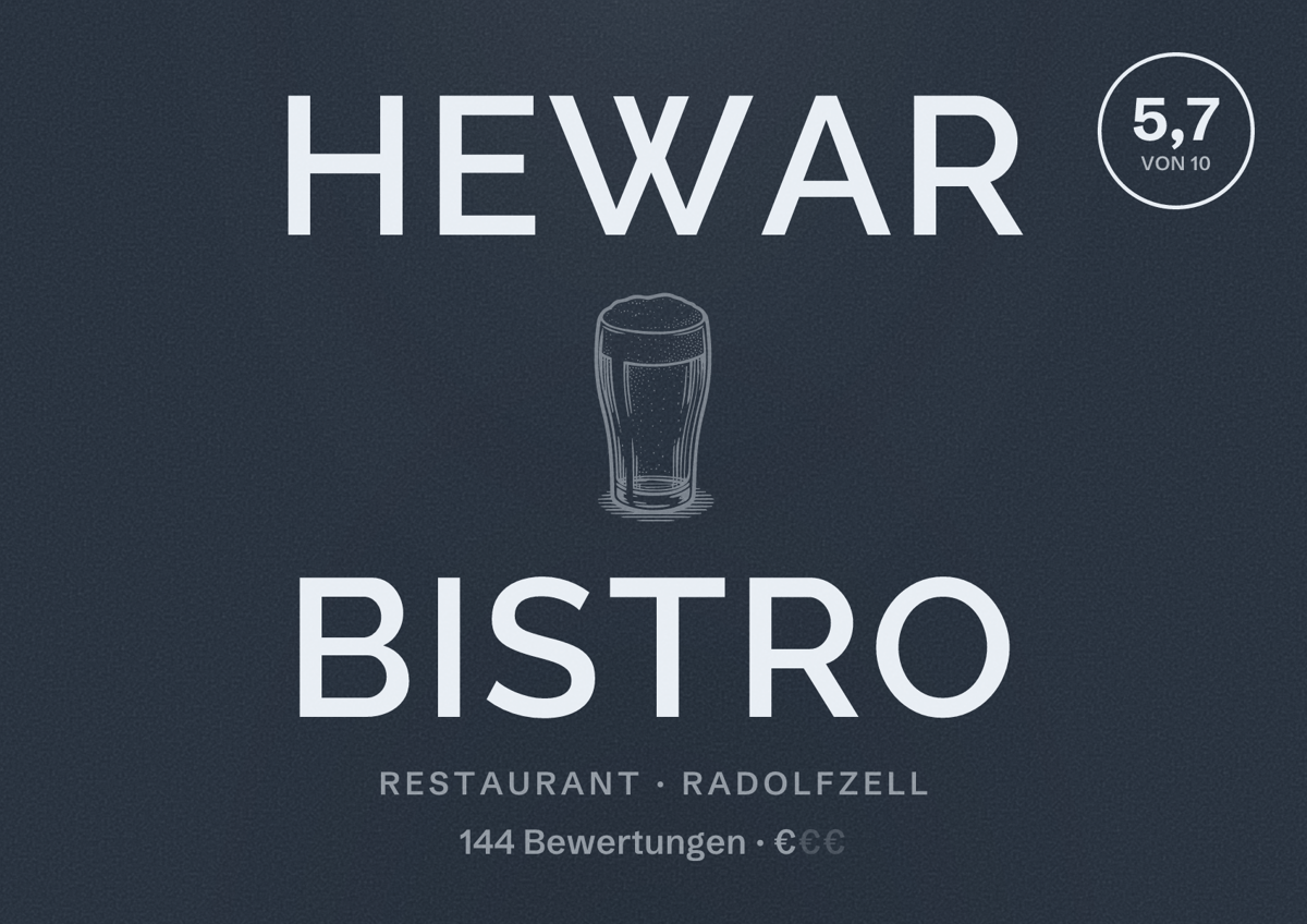 Illustriertes Poster von Hewar Bistro, Restaurant in Radolfzell: Bewertung 5,7 von 10 aus 144 Bewertungen, Preisniveau €