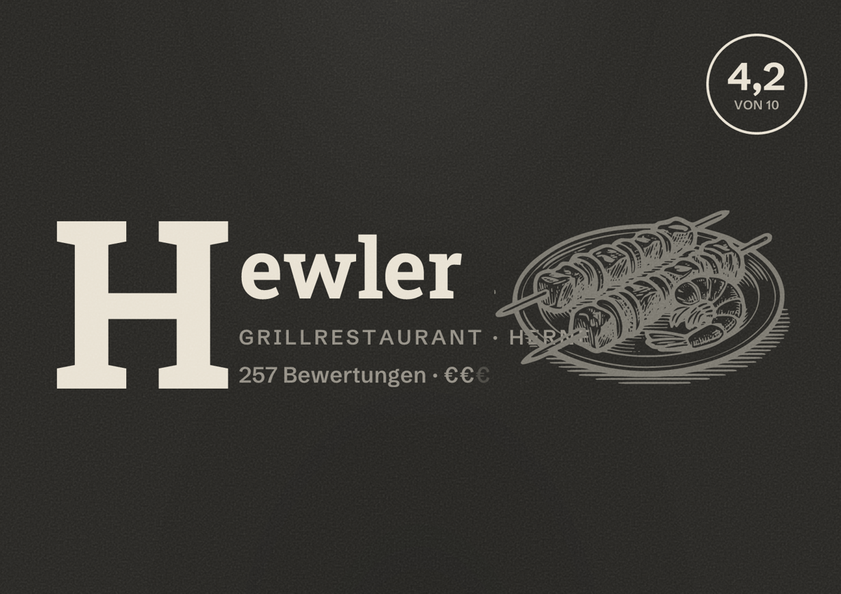 Illustriertes Poster von Hewler, Grillrestaurant in Herne: Bewertung 4,2 von 10 aus 257 Bewertungen, Preisniveau €€