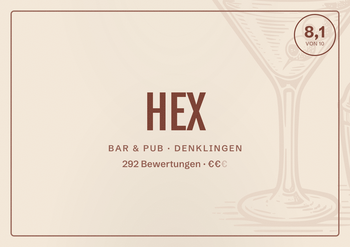 Illustriertes Poster von HEX, Bar & Pub in Denklingen: Bewertung 8,1 von 10 aus 292 Bewertungen, Preisniveau €€