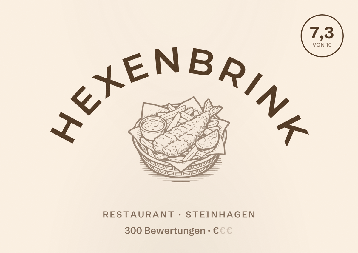Illustriertes Poster von Hexenbrink, Restaurant in Steinhagen: Bewertung 7,3 von 10 aus 300 Bewertungen, Preisniveau €