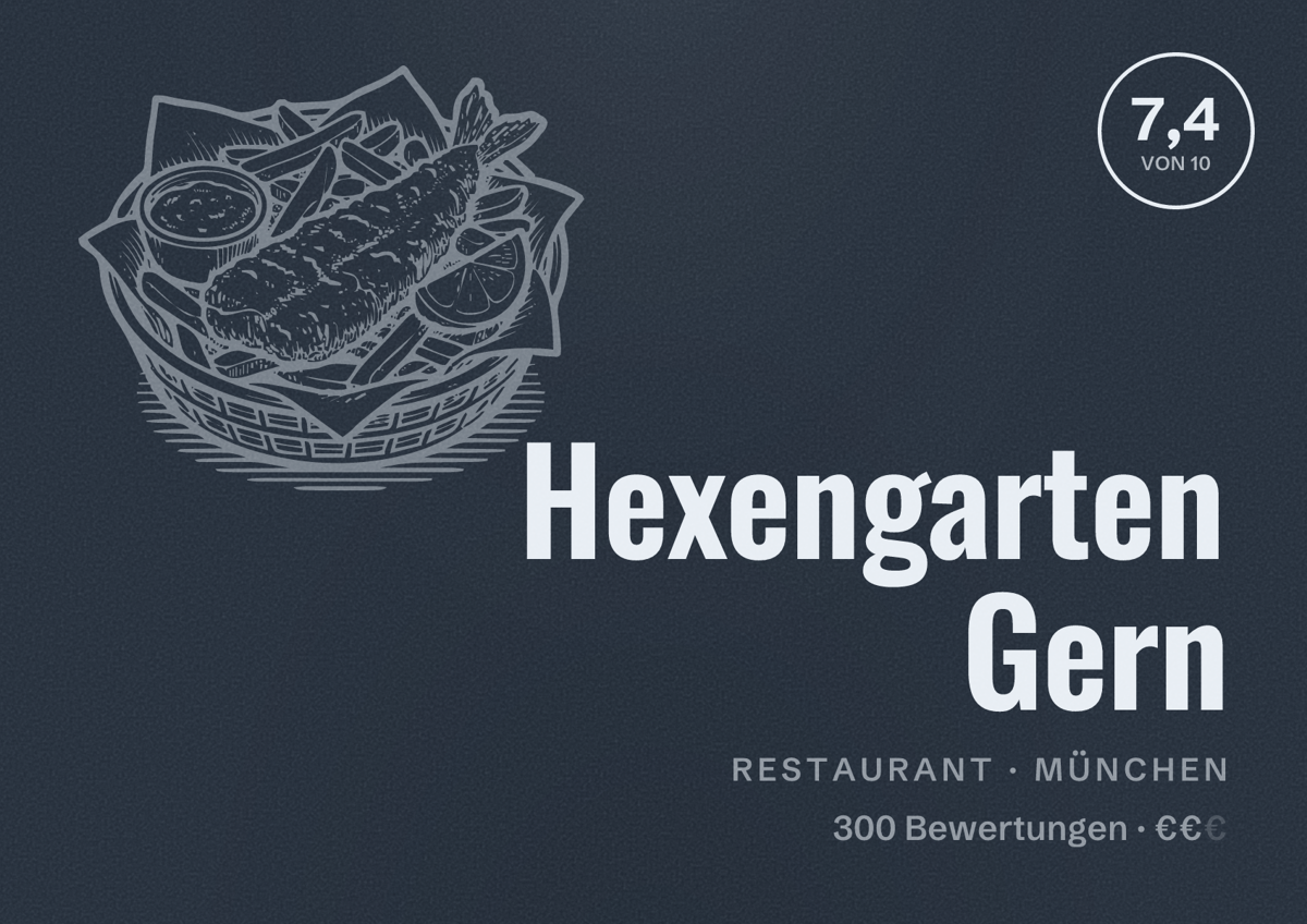 Illustriertes Poster von Hexengarten Gern, Restaurant in München: Bewertung 7,4 von 10 aus 300 Bewertungen, Preisniveau €€