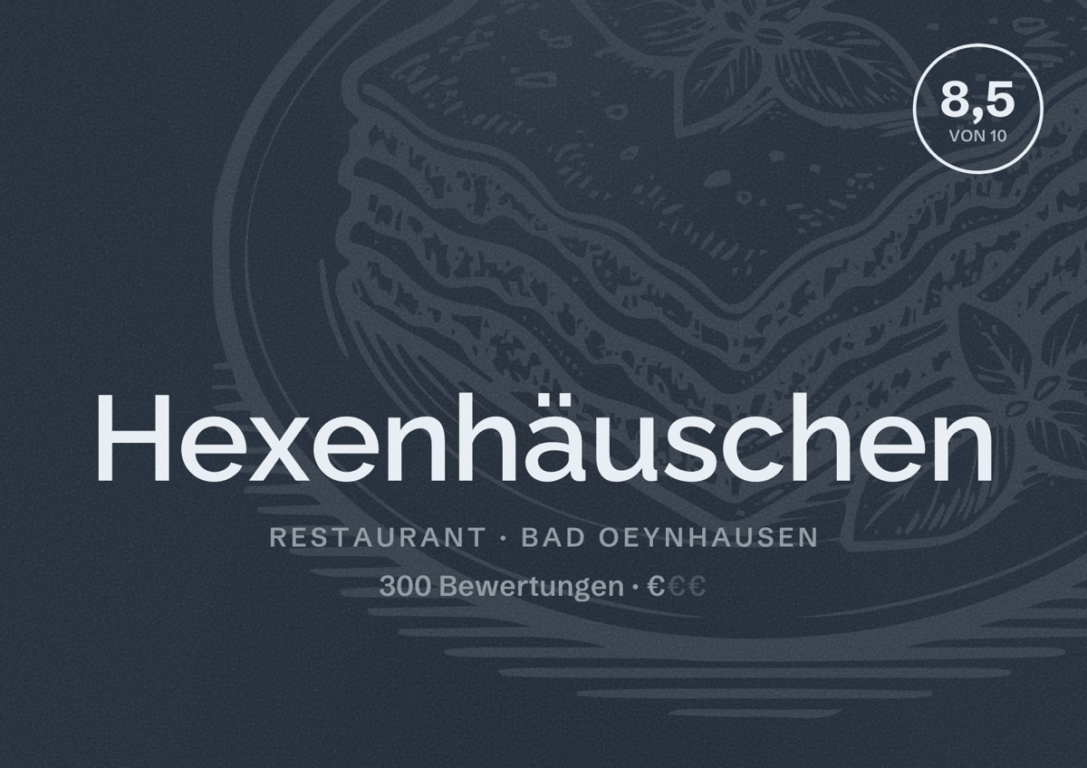 Illustriertes Poster von Hexenhäuschen, Restaurant in Bad Oeynhausen: Bewertung 8,5 von 10 aus 300 Bewertungen, Preisniveau €