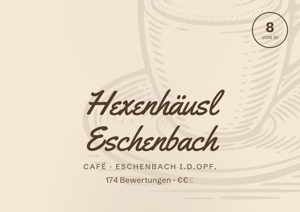 Illustriertes Poster von Hexenhäusl Eschenbach, Café in Eschenbach i.d.OPf.: Bewertung 8 von 10 aus 174 Bewertungen, Preisniveau €€