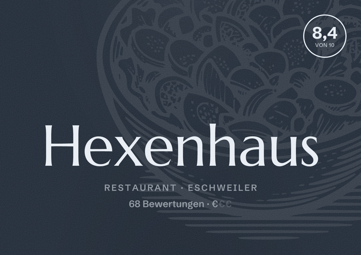 Illustriertes Poster von Hexenhaus, Restaurant in Eschweiler: Bewertung 8,4 von 10 aus 68 Bewertungen, Preisniveau €