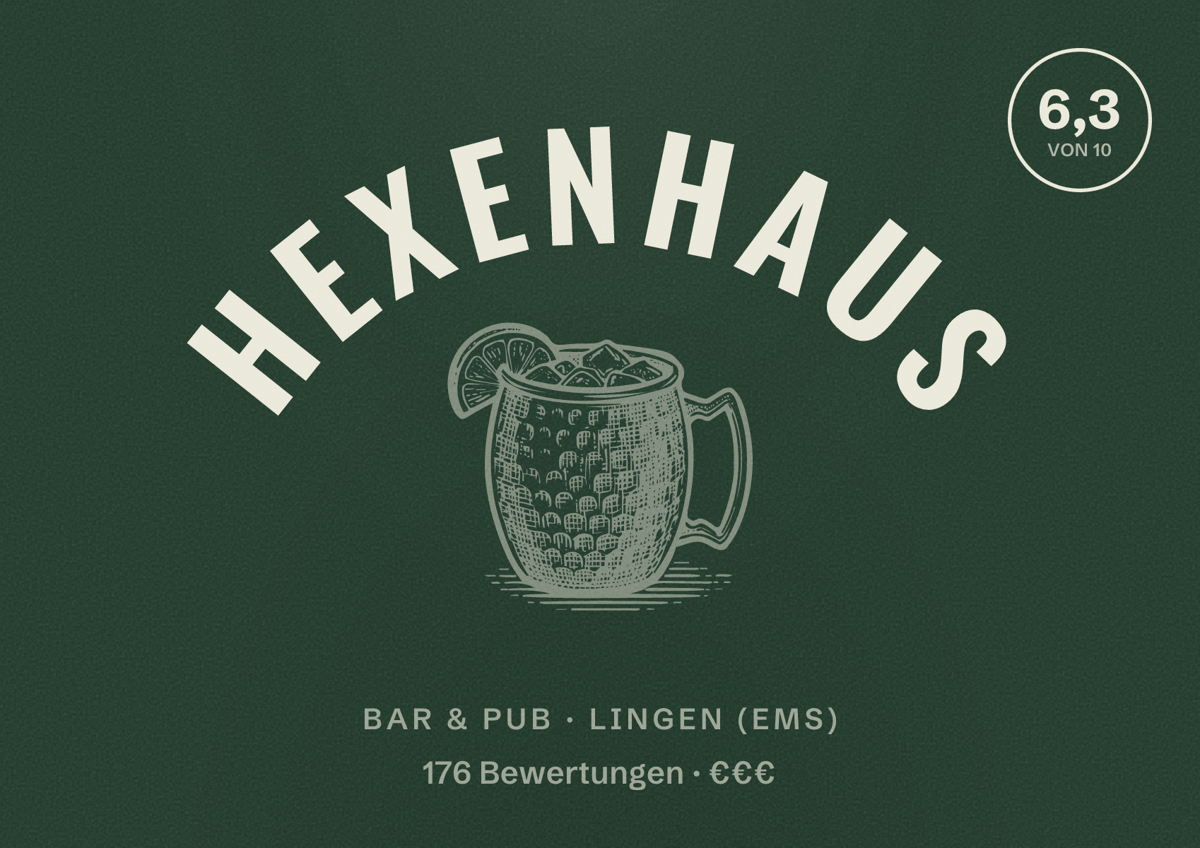 Illustriertes Poster von Hexenhaus, Bar & Pub in Lingen (Ems): Bewertung 6,3 von 10 aus 176 Bewertungen, Preisniveau €€€