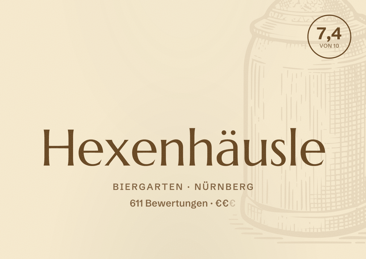 Illustriertes Poster von Hexenhäusle, Biergarten in Nürnberg: Bewertung 7,4 von 10 aus 611 Bewertungen, Preisniveau €€