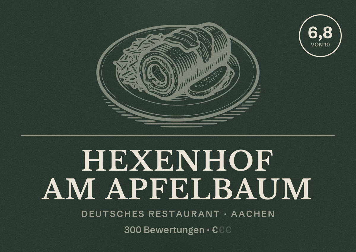 Illustriertes Poster von Hexenhof am Apfelbaum, Deutsches Restaurant in Aachen: Bewertung 6,8 von 10 aus 300 Bewertungen, Preisniveau €
