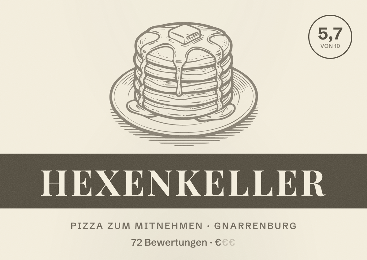Illustriertes Poster von Hexenkeller, Pizza zum Mitnehmen in Gnarrenburg: Bewertung 5,7 von 10 aus 72 Bewertungen, Preisniveau €