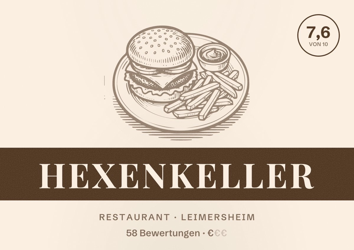 Illustriertes Poster von Hexenkeller, Restaurant in Leimersheim: Bewertung 7,6 von 10 aus 58 Bewertungen, Preisniveau €