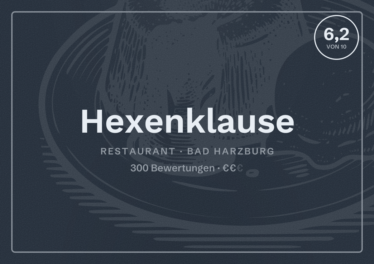 Illustriertes Poster von Hexenklause, Restaurant in Bad Harzburg: Bewertung 6,2 von 10 aus 300 Bewertungen, Preisniveau €€