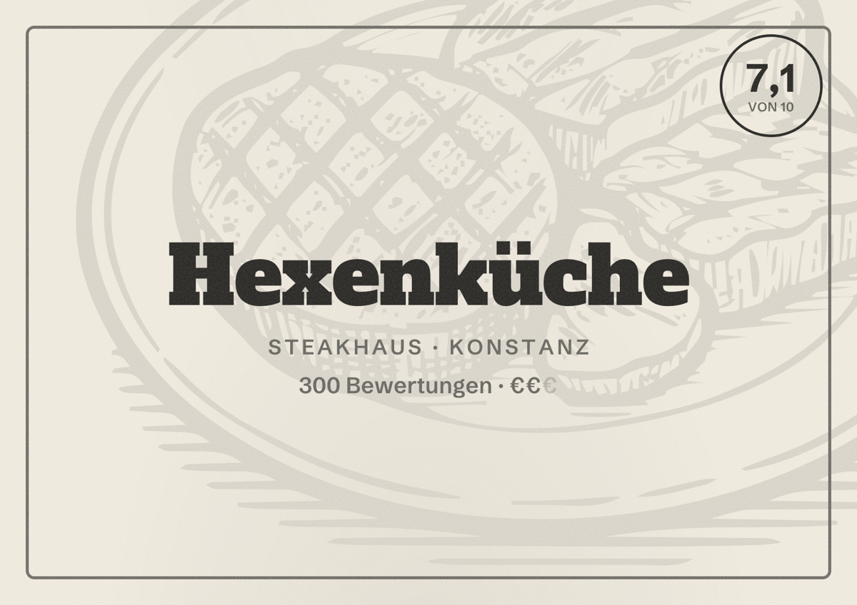 Illustriertes Poster von Hexenküche, Steakhaus in Konstanz: Bewertung 7,1 von 10 aus 300 Bewertungen, Preisniveau €€
