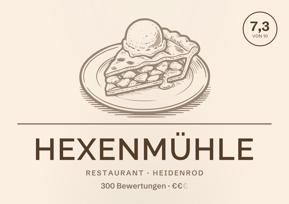 Illustriertes Poster von Hexenmühle, Restaurant in Heidenrod: Bewertung 7,3 von 10 aus 300 Bewertungen, Preisniveau €€