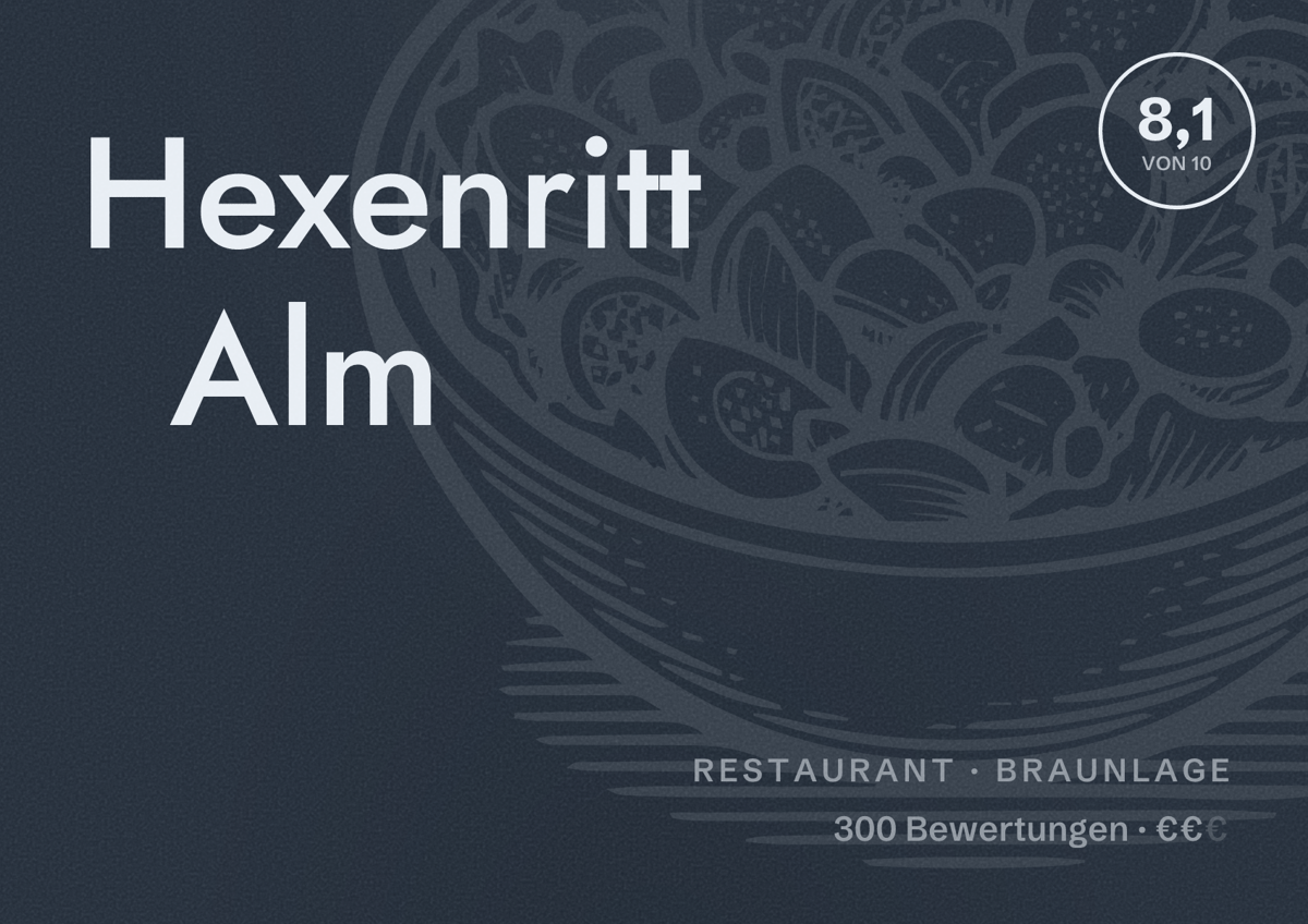 Illustriertes Poster von Hexenritt Alm, Restaurant in Braunlage: Bewertung 8,1 von 10 aus 300 Bewertungen, Preisniveau €€