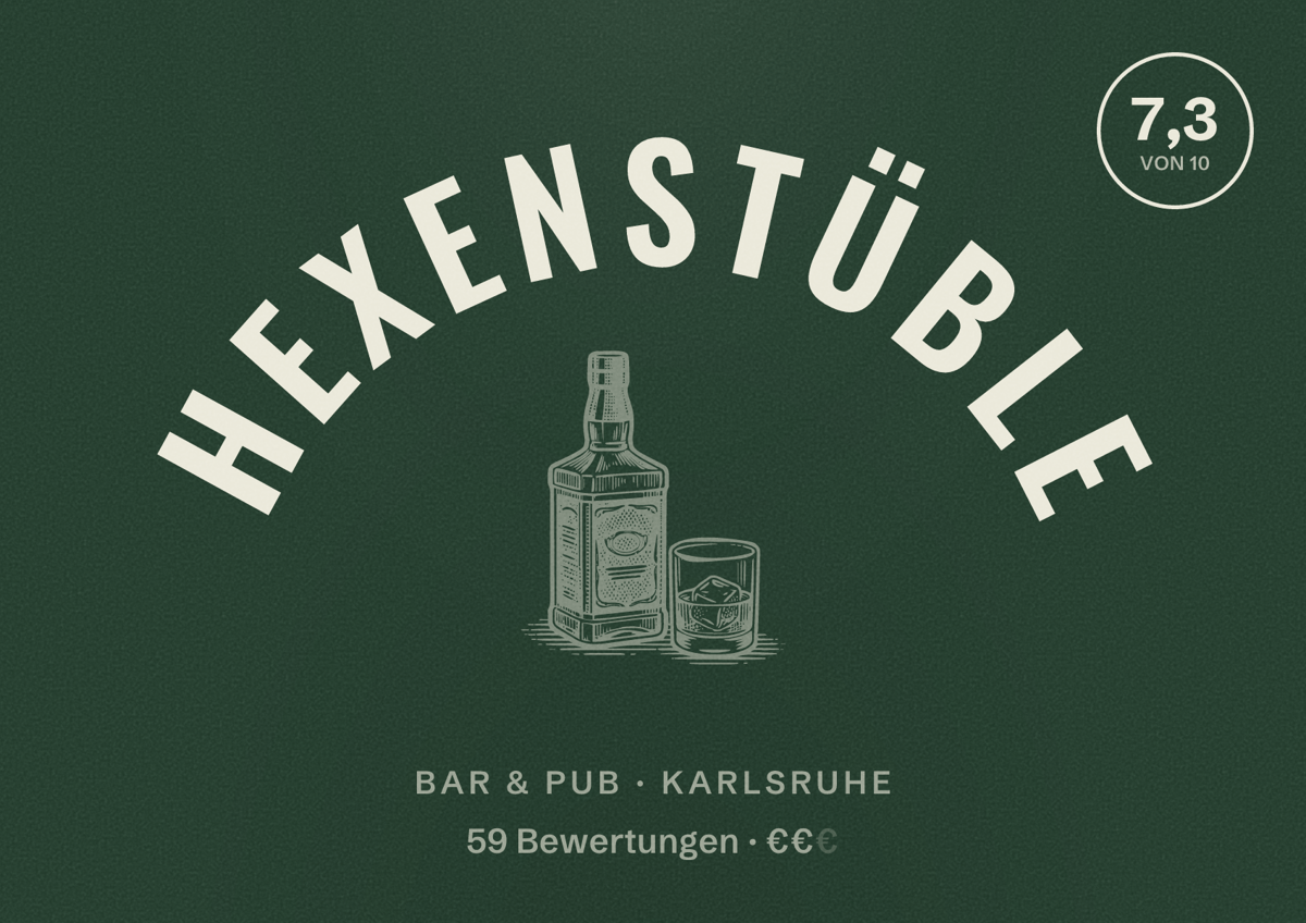 Illustriertes Poster von Hexenstüble, Bar & Pub in Karlsruhe: Bewertung 7,3 von 10 aus 59 Bewertungen, Preisniveau €€