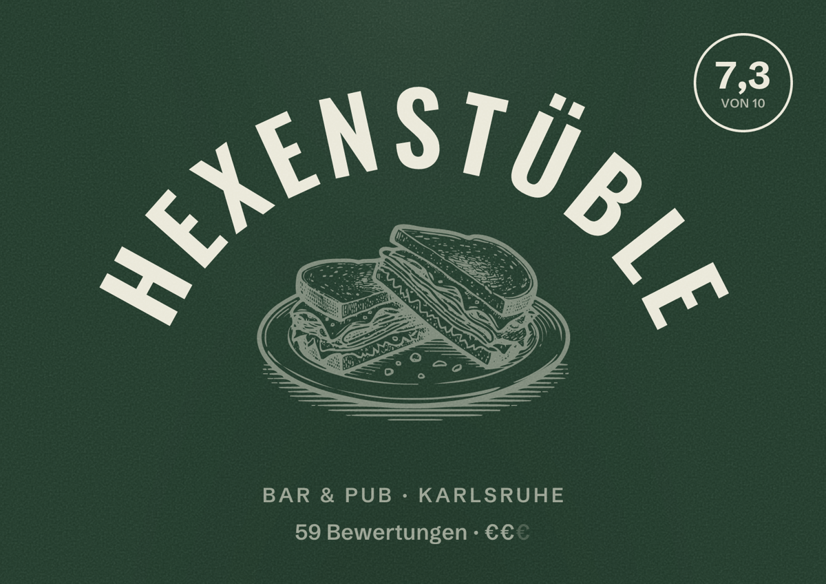 Illustriertes Poster von Hexenstüble, Bar & Pub in Karlsruhe: Bewertung 7,3 von 10 aus 59 Bewertungen, Preisniveau €€