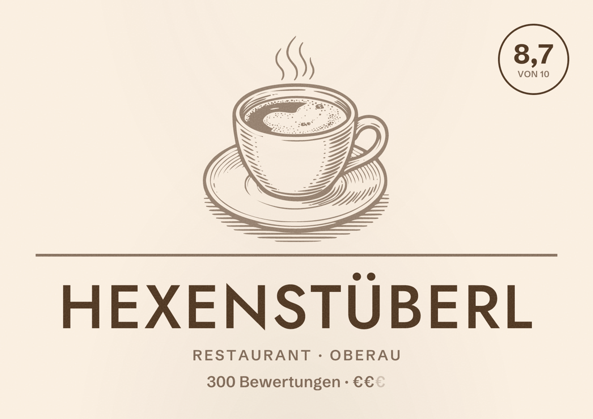 Illustriertes Poster von Hexenstüberl, Restaurant in Oberau: Bewertung 8,7 von 10 aus 300 Bewertungen, Preisniveau €€
