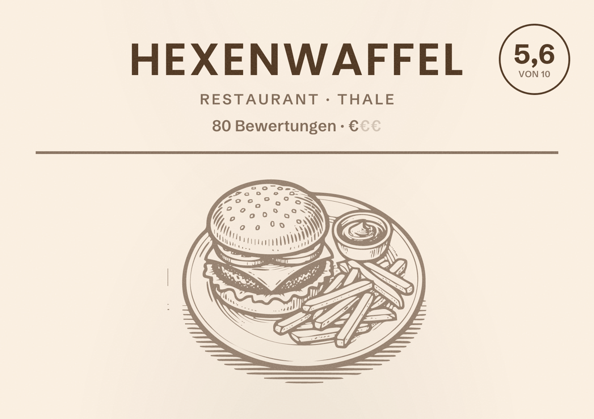 Illustriertes Poster von Hexenwaffel, Restaurant in Thale: Bewertung 5,6 von 10 aus 80 Bewertungen, Preisniveau €