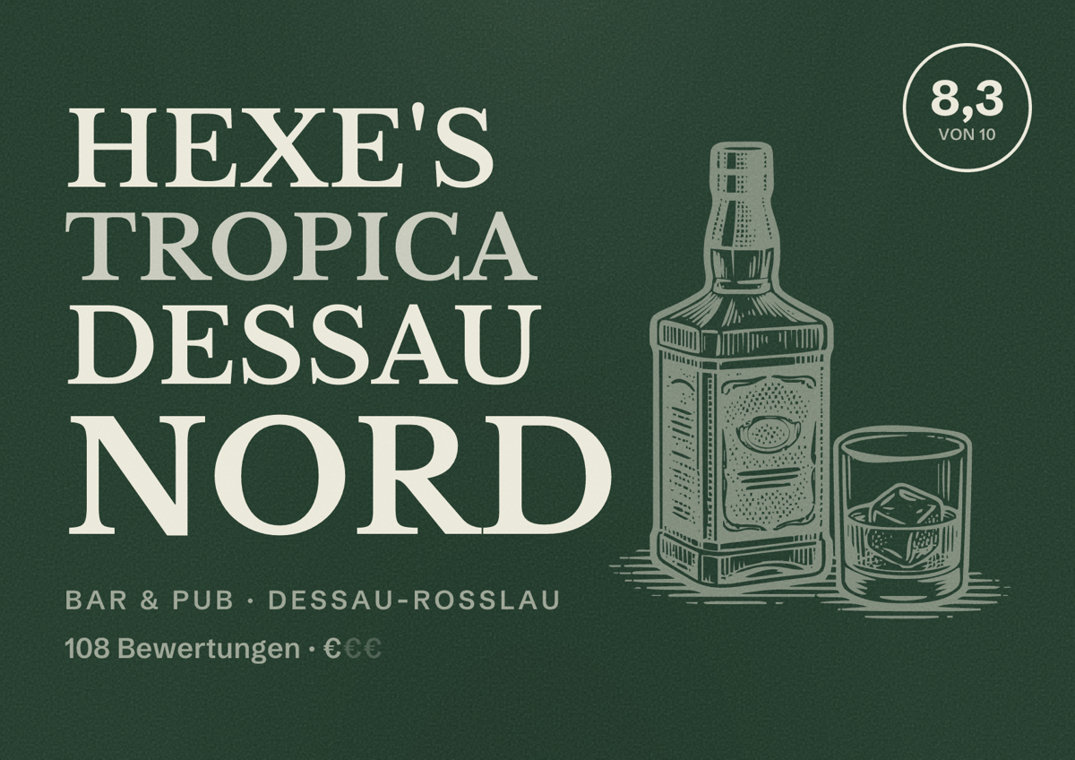 Illustriertes Poster von Hexe's Tropica Dessau Nord, Bar & Pub in Dessau-Roßlau: Bewertung 8,3 von 10 aus 108 Bewertungen, Preisniveau €