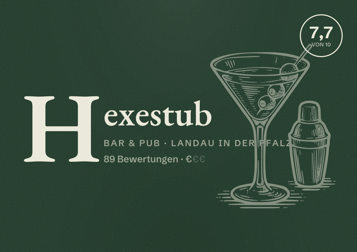Illustriertes Poster von Hexestub, Bar & Pub in Landau in der Pfalz: Bewertung 7,7 von 10 aus 89 Bewertungen, Preisniveau €