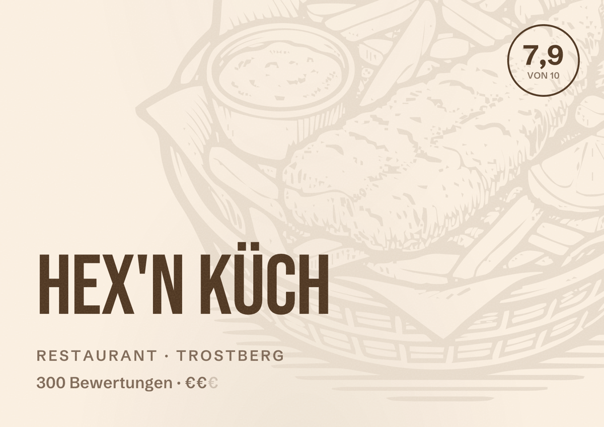 Illustriertes Poster von Hex'n Küch, Restaurant in Trostberg: Bewertung 7,9 von 10 aus 300 Bewertungen, Preisniveau €€