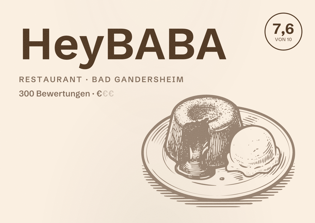 Illustriertes Poster von HeyBABA, Restaurant in Bad Gandersheim: Bewertung 7,6 von 10 aus 300 Bewertungen, Preisniveau €