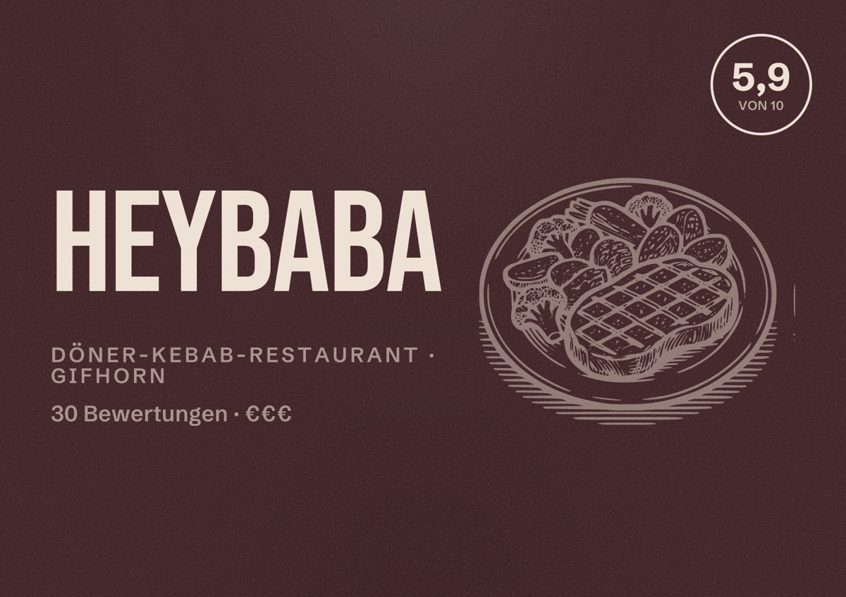 Illustriertes Poster von HeyBABA, Döner-Kebab-Restaurant in Gifhorn: Bewertung 5,9 von 10 aus 30 Bewertungen, Preisniveau €€€