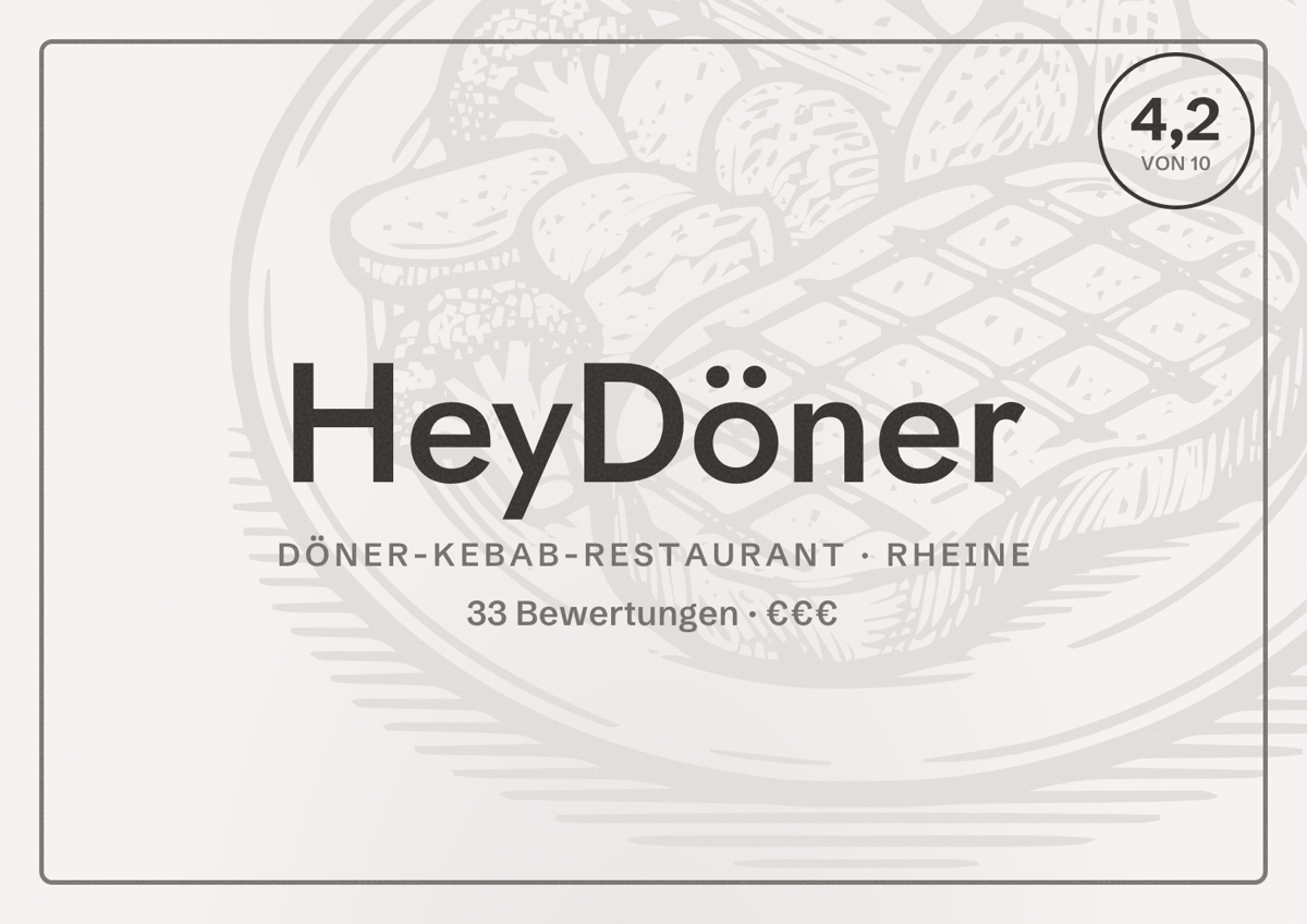 Illustriertes Poster von HeyDöner, Döner-Kebab-Restaurant in Rheine: Bewertung 4,2 von 10 aus 33 Bewertungen, Preisniveau €€€