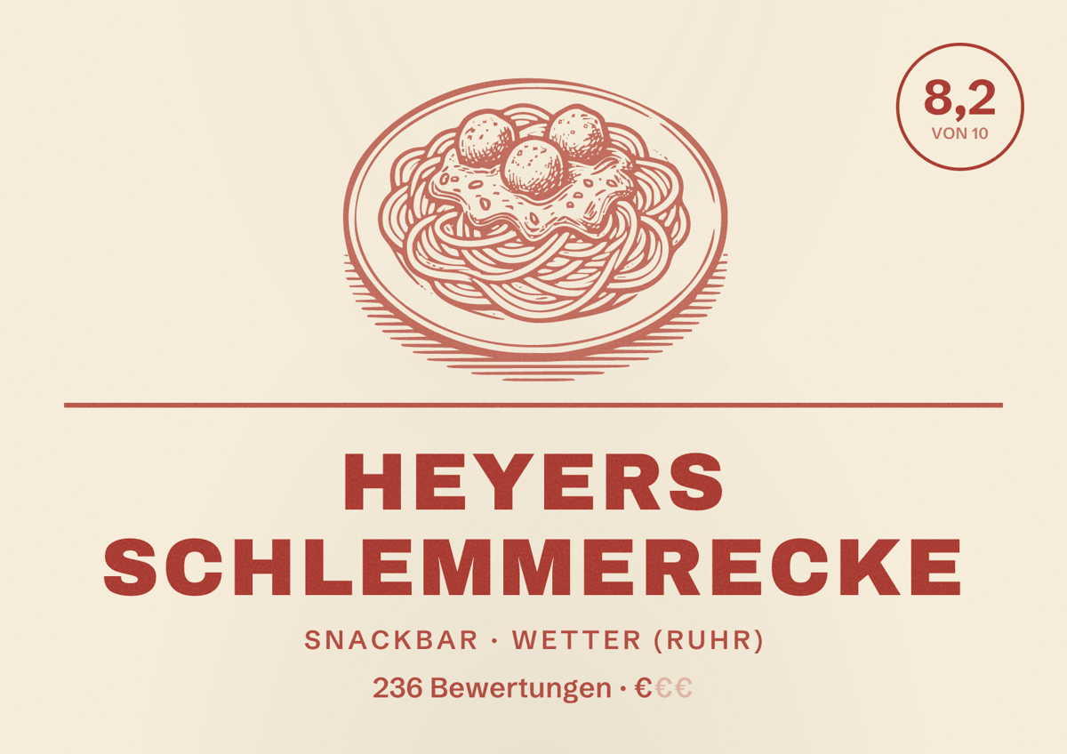 Illustriertes Poster von Heyers Schlemmerecke, Snackbar in Wetter (Ruhr): Bewertung 8,2 von 10 aus 236 Bewertungen, Preisniveau €