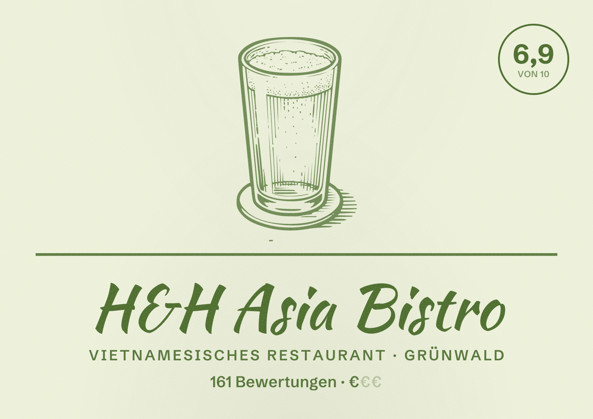 Illustriertes Poster von H&H Asia Bistro, Vietnamesisches Restaurant in Grünwald: Bewertung 6,9 von 10 aus 161 Bewertungen, Preisniveau €
