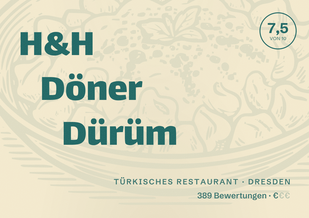 Illustriertes Poster von H&H Döner Dürüm, Türkisches Restaurant in Dresden: Bewertung 7,5 von 10 aus 389 Bewertungen, Preisniveau €