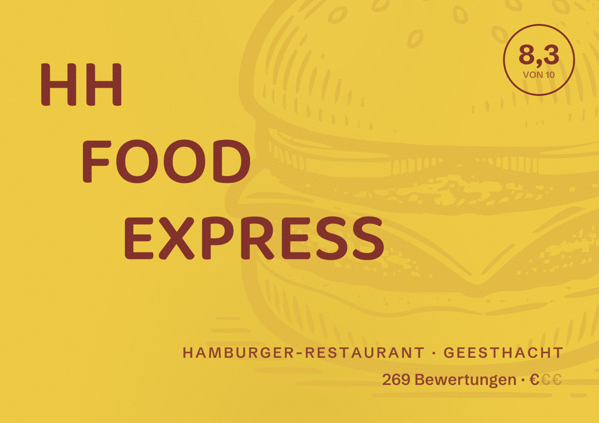 Illustriertes Poster von HH FOOD EXPRESS, Hamburger-Restaurant in Geesthacht: Bewertung 8,3 von 10 aus 269 Bewertungen, Preisniveau €