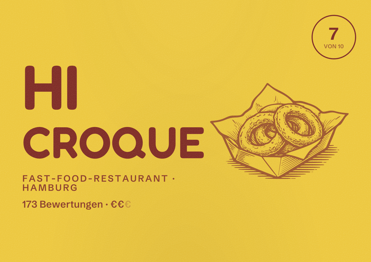 Illustriertes Poster von Hi Croque, Fast-Food-Restaurant in Hamburg: Bewertung 7 von 10 aus 173 Bewertungen, Preisniveau €€