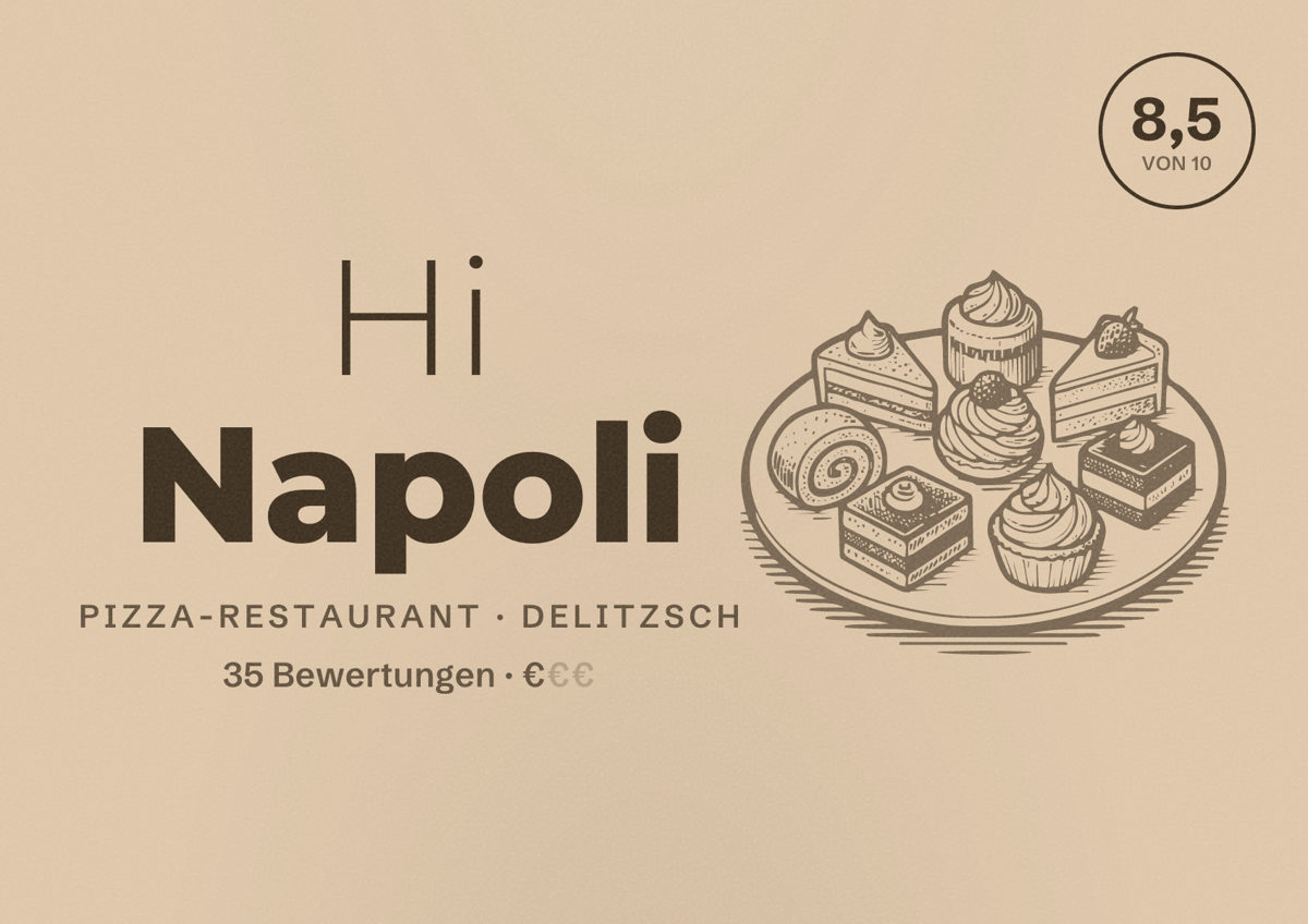 Illustriertes Poster von Hi Napoli, Pizza-Restaurant in Delitzsch: Bewertung 8,5 von 10 aus 35 Bewertungen, Preisniveau €