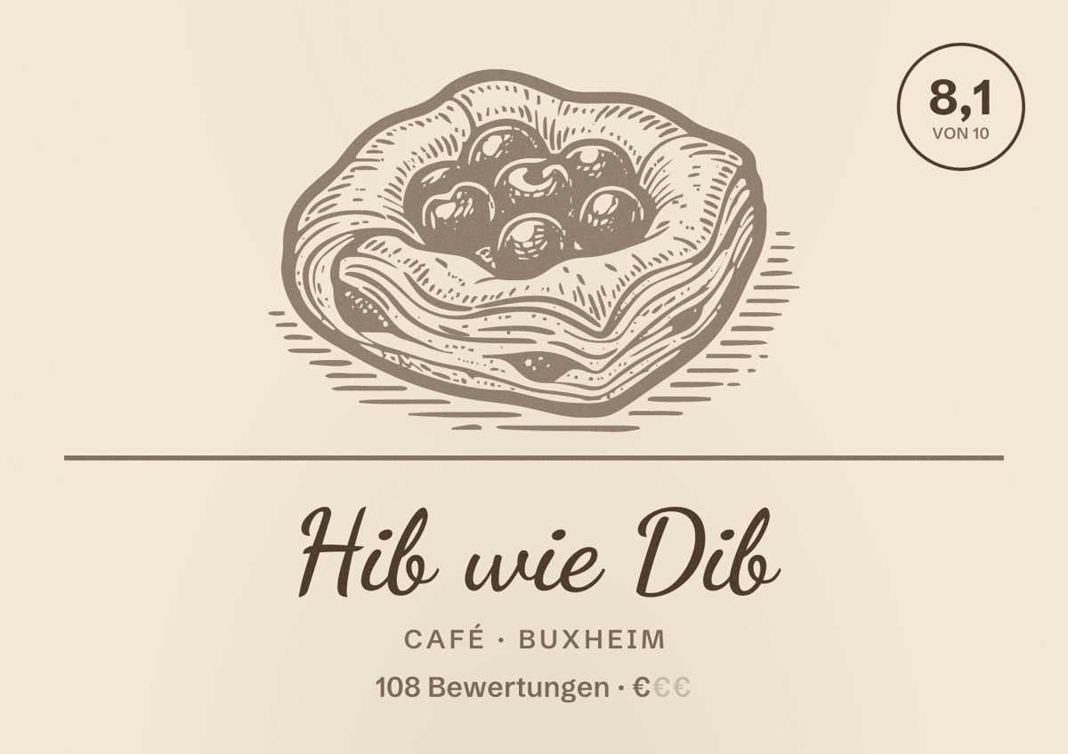 Illustriertes Poster von Hib wie Dib, Café in Buxheim: Bewertung 8,1 von 10 aus 108 Bewertungen, Preisniveau €