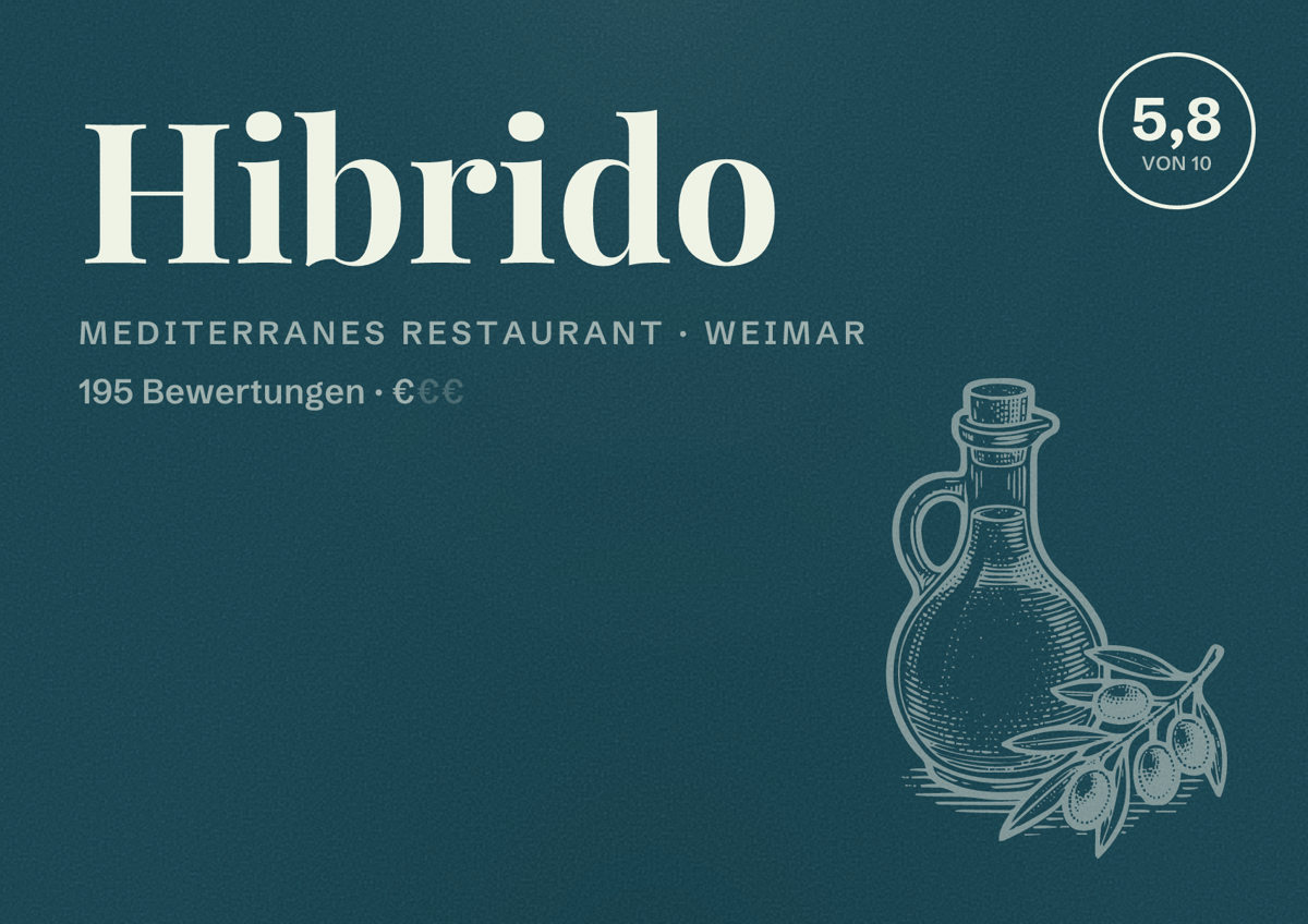 Illustriertes Poster von Hibrido, Mediterranes Restaurant in Weimar: Bewertung 5,8 von 10 aus 195 Bewertungen, Preisniveau €